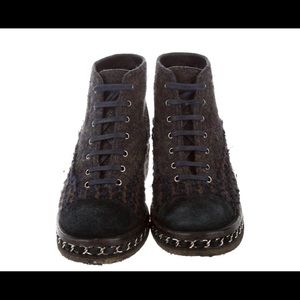 Navy and multicolor tweed CHANEL ankle boots